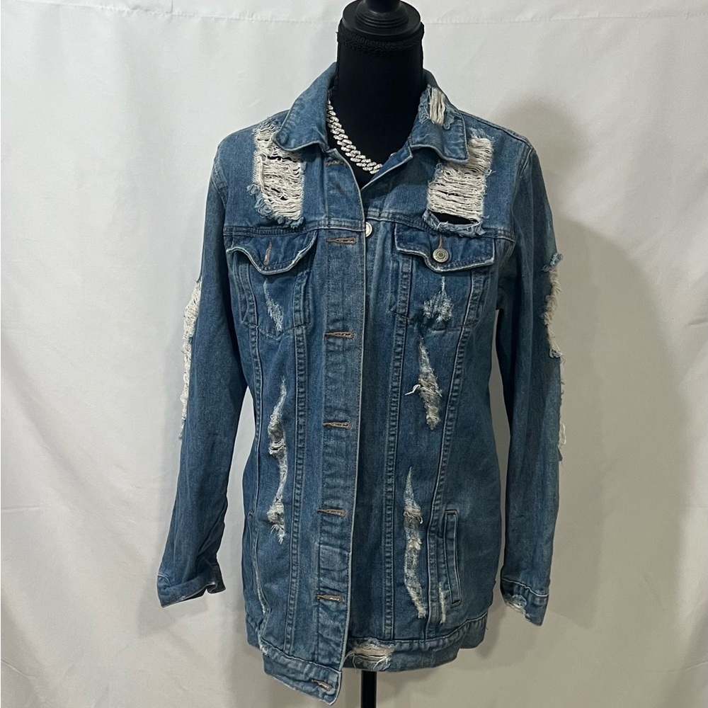 Ripped Blue Denim Oversized Jacket for Women